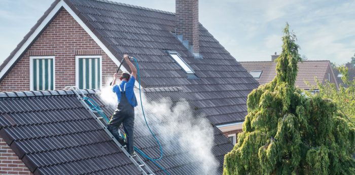 Cleaner with pressure washer at roof