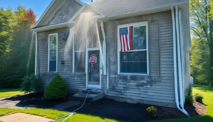 House siding pressure-washed with American flag