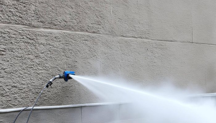 Pressure washer spraying water on textured wall